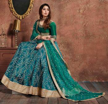 SOOTHING TURQUOISE EMBROIDERED ART SILK SEMI STITCHED WEDDING LEHENGA 5