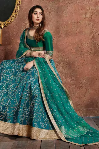 SOOTHING TURQUOISE EMBROIDERED ART SILK SEMI STITCHED WEDDING LEHENGA