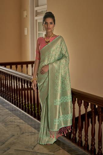 Sea Green Colour Weaving Nylon Silk Blend Saree Online