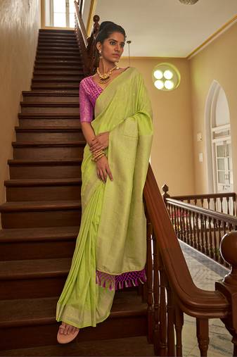 Lime Colour Weaving Nylon Silk Blend Saree Online