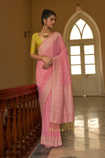 Salmon colour weaving nylon silk saree online