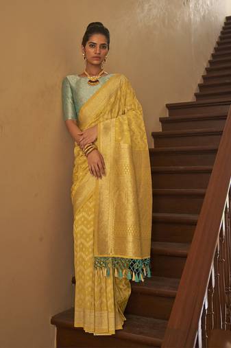 Yellow colour weaving nylon silk saree online