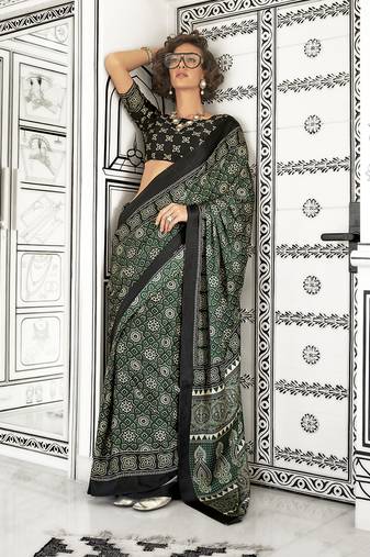 Dark green colour satin crepe printed lightwear sarees