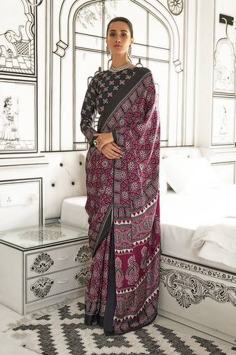 Maroon colour satin crepe printed lightwear sarees