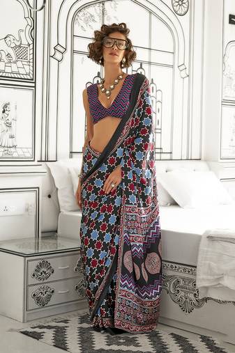 Black colour satin crepe printed lightwear sarees
