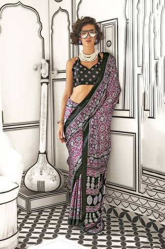 Wine colour satin crepe printed lightwear sarees