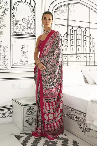 Black & maroon colour satin crepe printed lightwear sarees