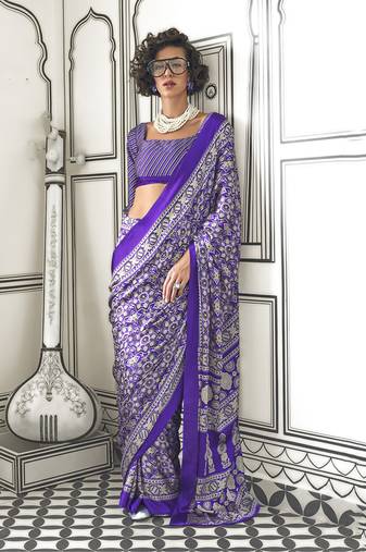 Royal blue colour satin crepe printed lightwear sarees