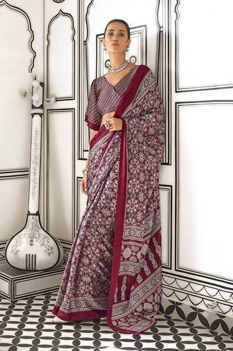 Wine colour satin crepe printed lightwear sarees