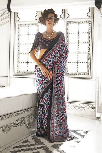 Multi colour satin crepe printed lightwear sarees