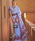 Sky Blue Colour Cotton Silk Patola Printed Designer Saree