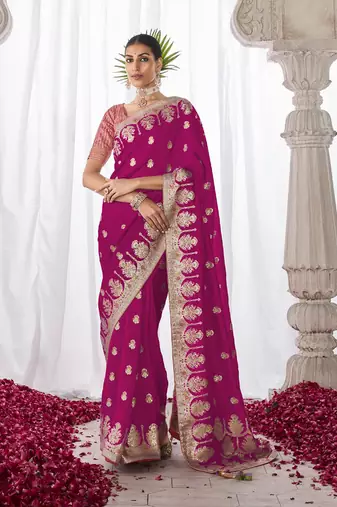 Monjolika fashion's dark magenta colour kora silk saree