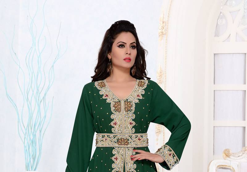 Dark-Green color luxurious Full Sleeves Handmade Moroccan Kaftan.