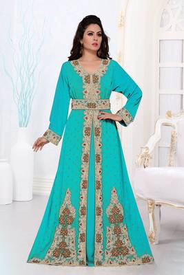 Cyan color Full Sleeves Handmade Moroccan Kaftan 1