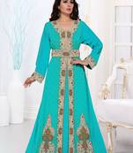 Cyan color luxurious Full Sleeves Handmade Moroccan Kaftan.