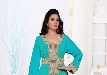 Cyan color Full Sleeves Handmade Moroccan Kaftan 2