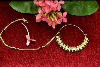 Gold diamond nath or nathni or naath with one golden chain nose-ring 1