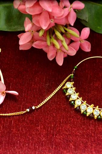 Gold diamond nath or nathni or naath with one golden chain nose-ring