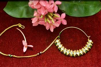 Gold diamond nath or nathni or naath with one golden chain nose-ring 2