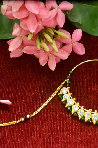 Gold diamond nath or nathni or naath with one golden chain nose-ring