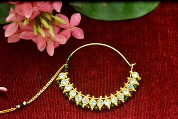 Gold diamond nath or nathni or naath with one golden chain nose-ring 3