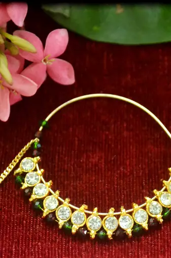 Gold diamond nath or nathni or naath with one golden chain nose-ring