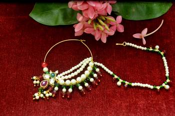 Gold kundan nath or nathni or naath with one pearl line nose-ring 1