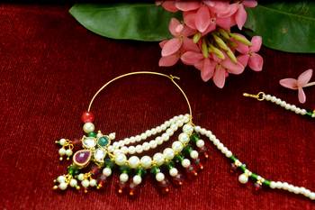 Gold kundan nath or nathni or naath with one pearl line nose-ring 2