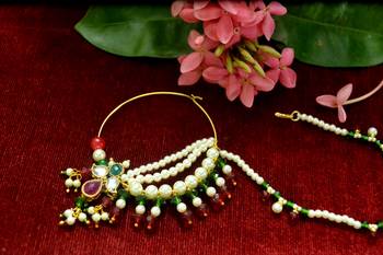 Gold kundan nath or nathni or naath with one pearl line nose-ring 3