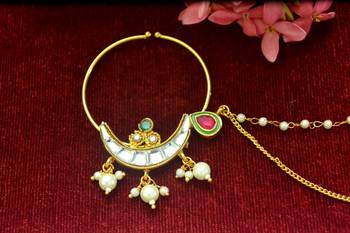 Gold kundan nath or nathni or naath with one pearl line nose-ring with meenakari work 2