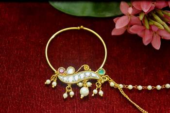 Gold kundan nath or nathni or naath with one pearl line nose-ring 2