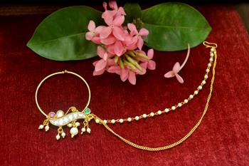 Gold kundan nath or nathni or naath with one pearl line nose-ring 3