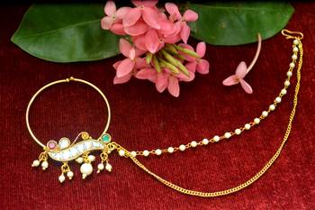 Gold kundan nath or nathni or naath with one pearl line nose-ring 4