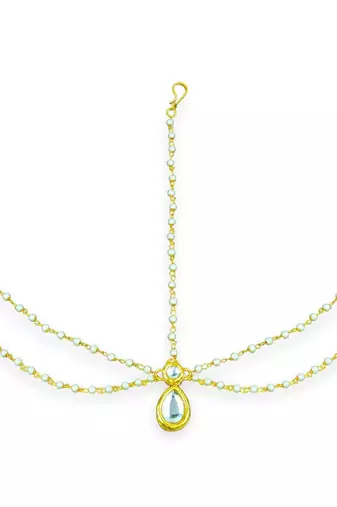 Kundan stone gold pated pearl chain maang tikka
