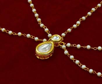 Kundan stone gold pated pearl chain maang tikka 2