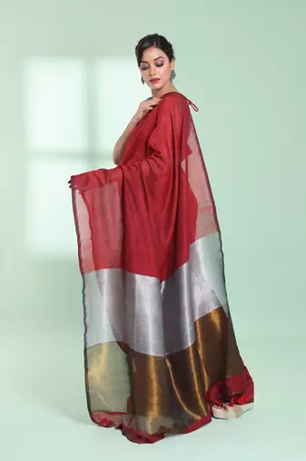 Red cotton saree with zari pallu