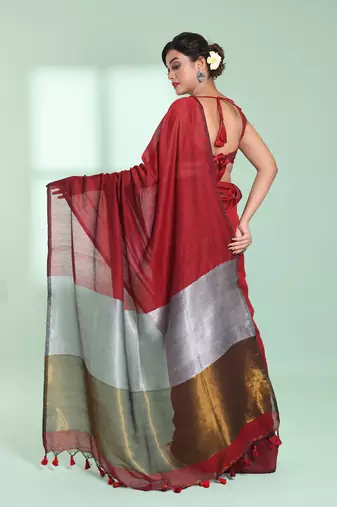 Red cotton saree with zari pallu
