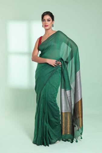 Green cotton saree with zari pallu