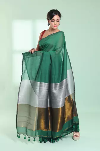 Green cotton saree with zari pallu