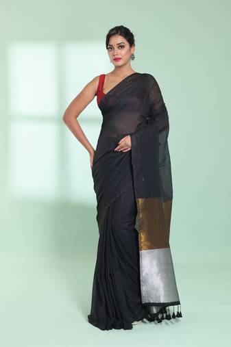 Black cotton saree with zari pallu