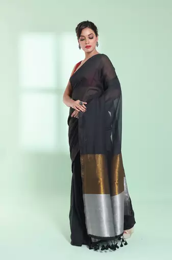 Black cotton saree with zari pallu