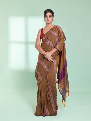 Dark mustard cotton saree with stripes design 1
