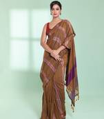 Dark mustard cotton saree with stripes design