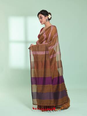 Dark mustard cotton saree with stripes design 2