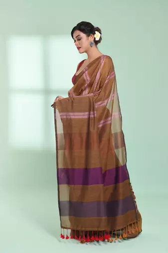 Dark mustard cotton saree with stripes design