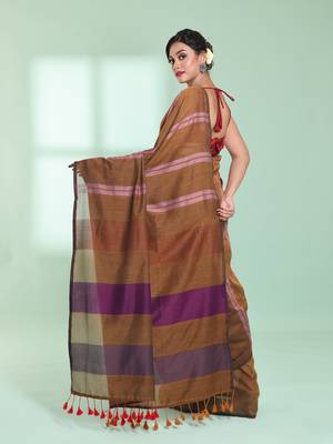 Dark mustard cotton saree with stripes design 3