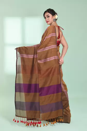 Dark mustard cotton saree with stripes design