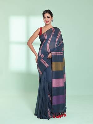 Dark grey cotton saree with stripes design 1