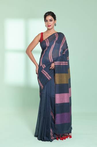 Dark grey cotton saree with stripes design