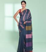 Dark grey cotton saree with stripes design